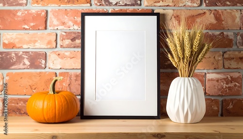 Blank white picture frame on a rustic wooden shelf with a pumpkin and dried wheat in a vase, against a textured brick wall, autumn harvest theme