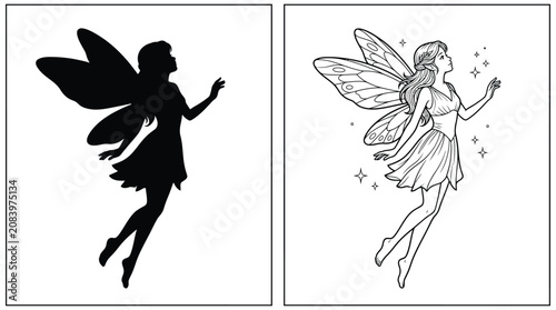 Obraz na plátně Fairy Silhouette and Detailed Line Art Illustration with Magical Wings and Grace