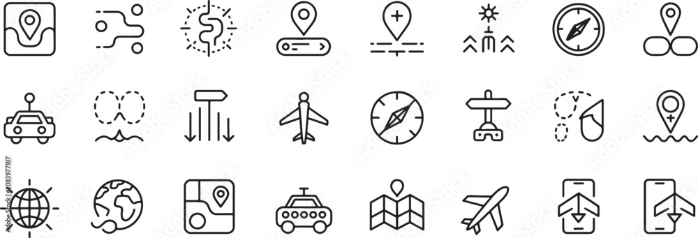 Fototapeta premium Travel Transportation Line Icons Set with Airplane, Map Pin, Compass, Globe, Ship, and Delivery Truck Symbols