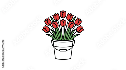 A Bucket Full of Red Tulips with Green Stems and Leaves.