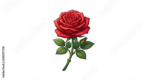 A Single Red Rose with Green Leaves and Stem.
