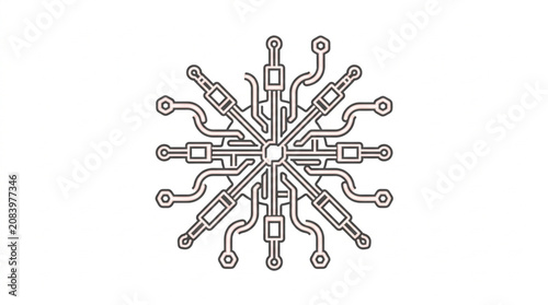Abstract digital circuit board pattern resembling a snowflake.