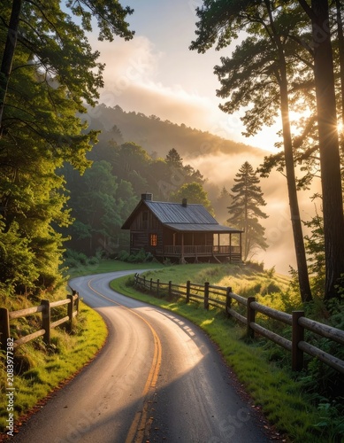 A winding country road leads to a rustic log cabin nestled amidst misty, sun-drenched mountains.