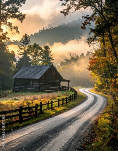 A rustic log cabin sits beside a winding road at sunrise, bathed in warm, misty light.