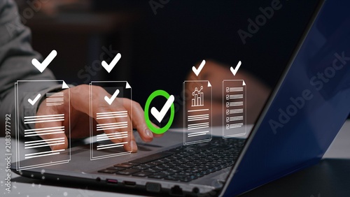 Business performance checklist for form approval concept. Approval and performance tracking, workflow verification, KPI monitoring and business process management.
