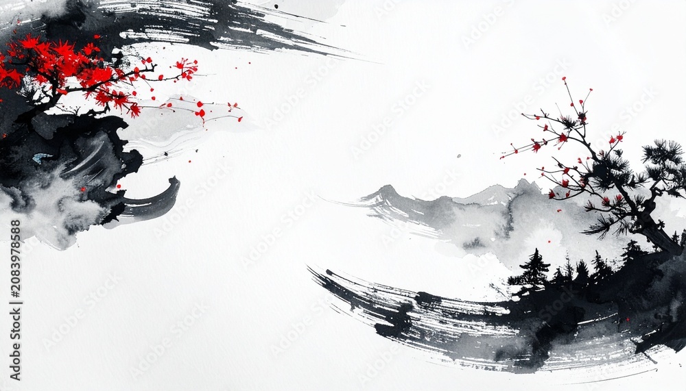 Obraz premium Traditional Japanese sumi ink landscape with red plum blossoms and pine trees