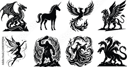 Mythical creatures and fantasy character silhouette vectors featuring dragon wizard griffin unicorn and hydra