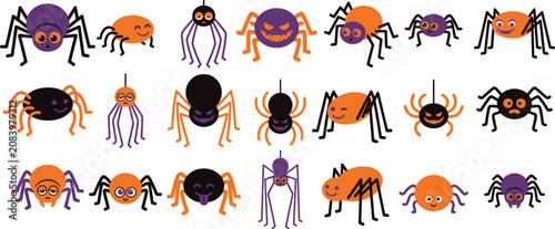 Bilde på lerret Funny cartoon Halloween spider characters set with expressive faces and colorful