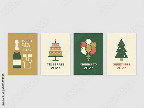 Set of minimalist new year 2027 greeting cards with festive champagne cake balloons and christmas tree icons.