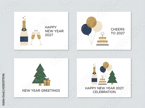 Elegant new year 2027 greeting cards with clean graphic icons of champagne glasses cake and trees.