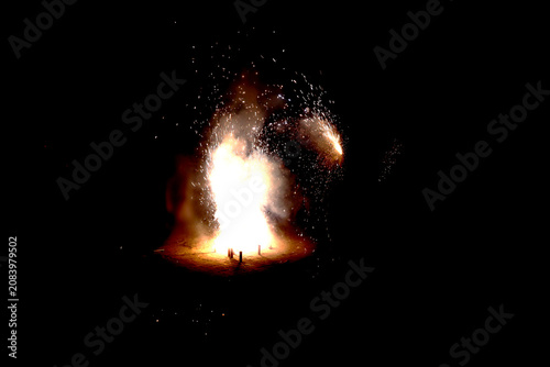 Ground Firework Explosion – Bright White Yellow Sparks with Smoke and Cylindrical Tubes Illuminated Against Dark Night Concept