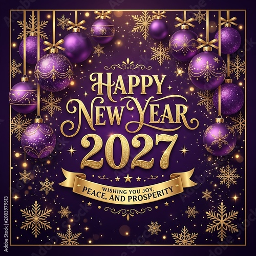 Wishing you joy peace and prosperity 2027 message on elegant purple and gold background.