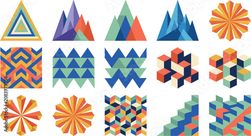 Bild auf Leinwand Abstract Geometric Collection with Isometric Cubes, Mountain Shapes, Triangle Pa