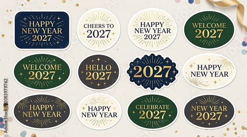 Happy new year 2027 stickers collection with golden fireworks and festive elements.