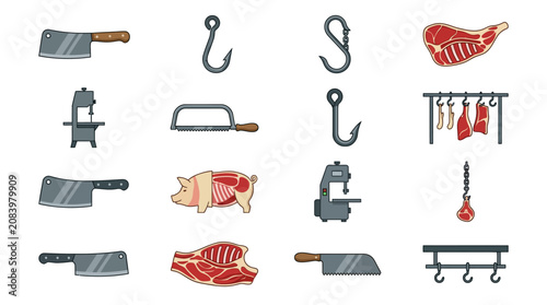 Butcher Shop Meat Cuts Tools.