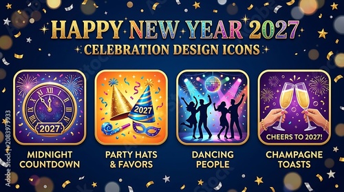 Happy new year 2027 celebration design icons set featuring midnight countdown, party hats and favors, dancing people, and champagne toasts.