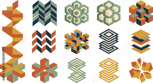 Bild auf Leinwand Abstract Geometric Shape Collection with Isometric Blocks, Cubes, Layered Patter