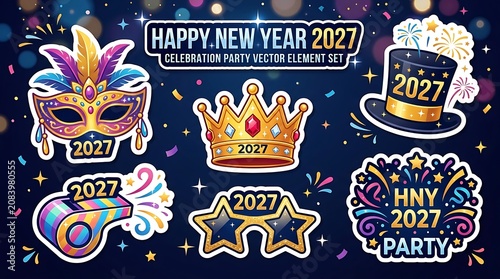 Happy new year 2027 celebration party vector element set with festive stickers.