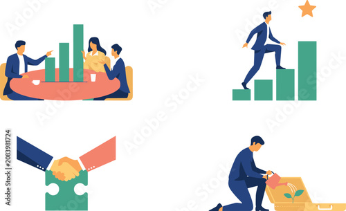 Business Growth and Success Vector Concept Set with Financial Team Analytics Career Ladder Progression Deal Partnership and Investment Nurturing Illustrations