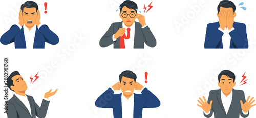 Stressed Businessman Character Avatar Set with Expressive Face Gestures Showing Anger Anxiety Burnout Frustration and Work Panic Vector Illustrations