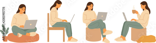 Young Woman Character Set Working on Laptop in Comfortable Poses from Home Including Sitting on Chair Ottoman and Floor Cushion Vector Illustrations