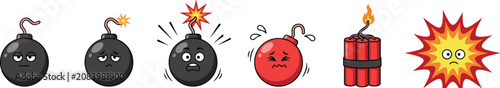 Cartoon Bomb and Dynamite Character Set with Cute Expressive Faces Showing Progression From Lit Fuse to Big Explosive Blast Vector Illustrations