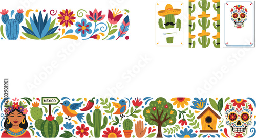 Mexican Folklore Vector Element Set with Sugar Skulls, Cacti, Traditional Flowers, Birds, Chili Peppers, and Frida Inspired Female Character Illustrations
