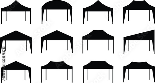 Black silhouettes of various canopy tents on white background canopies portable shelters