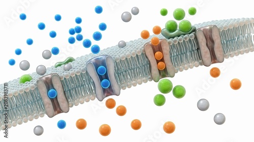 Biological cell membrane with protein channels and molecules