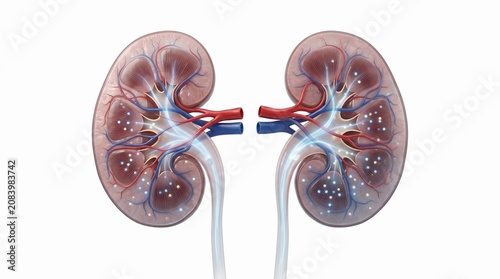 Anatomical cross section of human kidneys showing internal structure