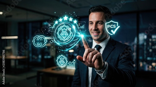 Professional man interacting with digital interface in a contemporary office highlighting technological advancements and innovative solutions in a corporate setting