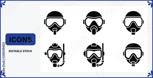 Fotografija Set of black diving masks and respirators icons for underwater exploration and b