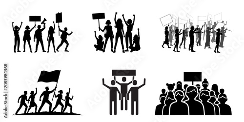 Political protest crowd and activist demonstration silhouette set. People holding up signs, blank banners, and shouting for social change and human rights.