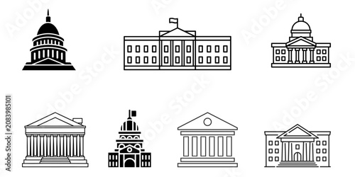 Government architecture line art vector icon set. Minimalist illustrations of the White House, Capitol Hill dome building, and classic courthouse or museum facade.