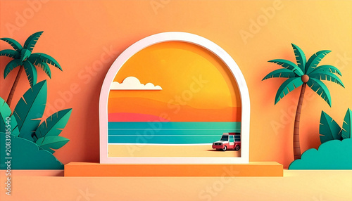 Paper cut style tropical beach sunset with car in arch frame