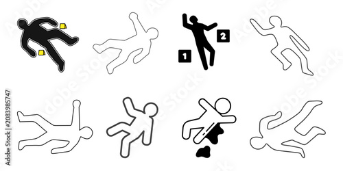 Crime scene body chalk outline vector illustration set. Police investigation graphics, murder victim silhouettes, and forensic evidence signs isolated on white.