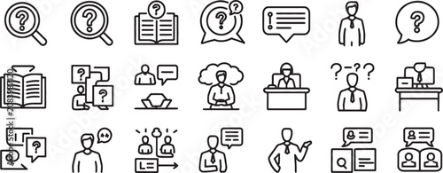 Bild auf Leinwand Question Icon Set with Magnifier, Speech Bubbles, Books, Computers, Podiums, and