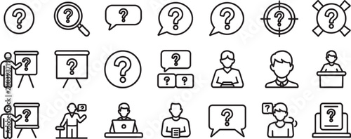 Bild auf Leinwand Question Mark Icon Set with Magnifier, Chat Bubbles, and People Silhouettes for