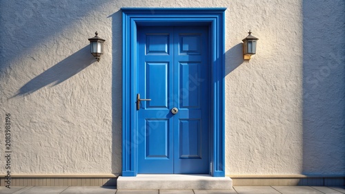 Blue front door on white wall