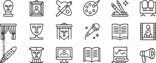Foto Entertainment Icons Set with Space Rocket, Painting Palette, Telescope, and Book