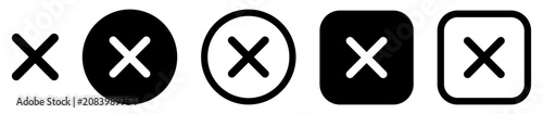 Photos Close icon set with X mark, delete, cancel and remove symbols in solid circle, square and outline styles