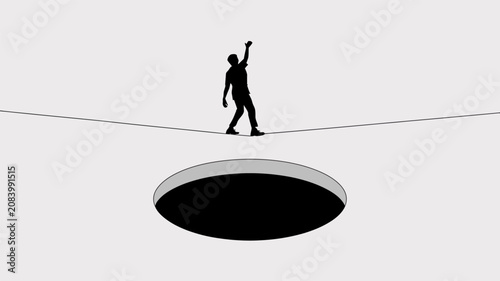 Silhouette of a person walking on a tightrope above a dark circular hole 