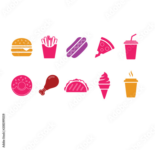 Colorful flat icons set of various popular fast food items