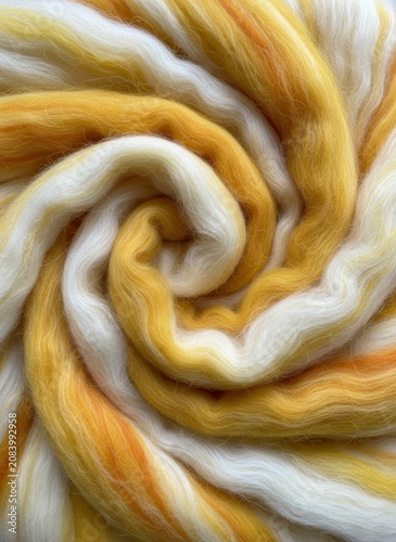 Soft, swirling wool fibers in warm yellow, white, and orange tones create a mesmerizing vortex, perfect for crafts and textiles.