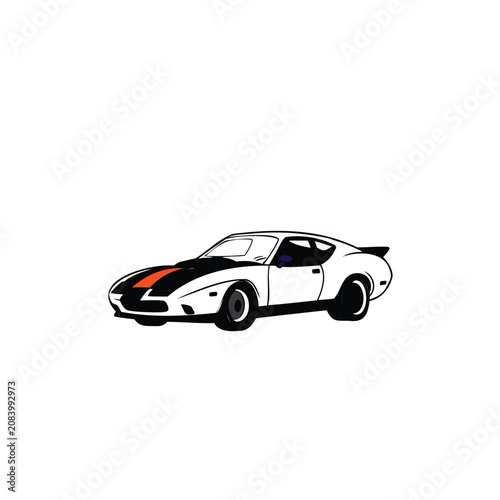 White sports car illustration with orange stripe and black accents design