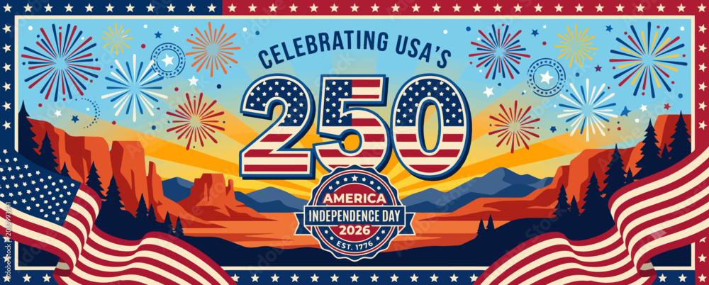 Fototapeta premium USA 250th Independence Day Celebration Banner with Fireworks and American Flags Vector for National Events, Patriotic Promotions & July 4th Marketing (EPS)