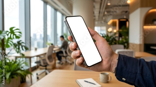 Office worker holds a smartphone with a blank white screen for product placement.