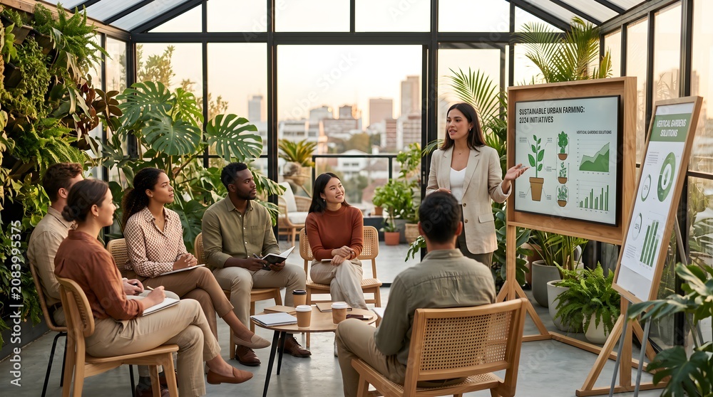 Fototapeta premium Business Team Presentation in Sustainable Rooftop Workspace