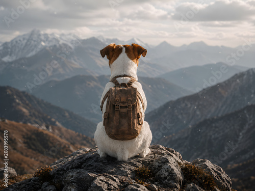Small cute dog wearing a leather backpack sitting on a mountain peak looking at the view