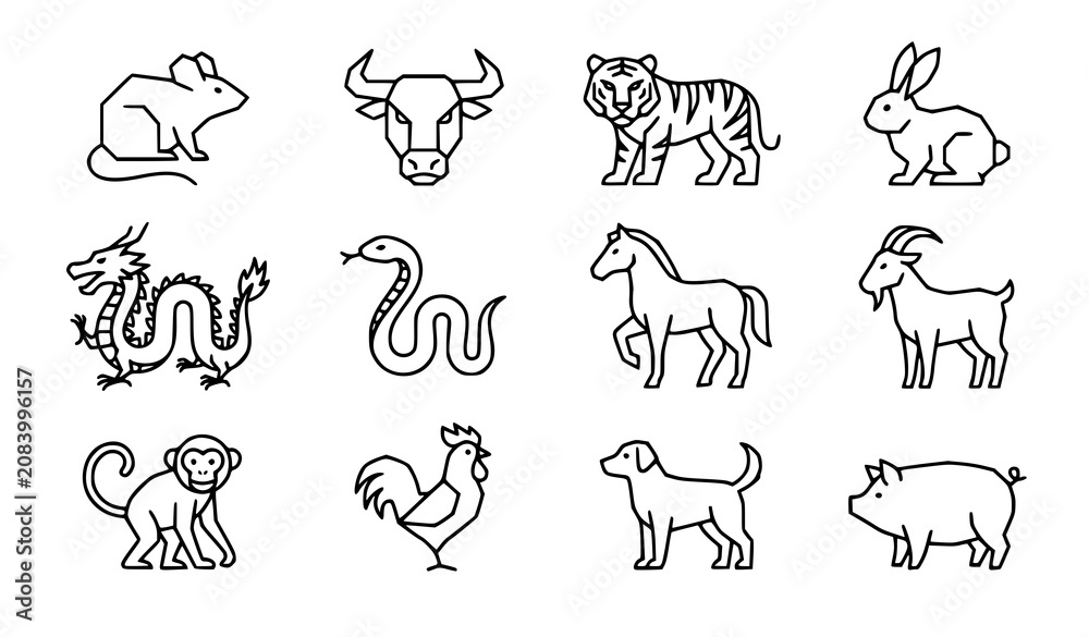 Fototapeta premium Chinese Horoscope Animals Vector EPS 10 Geometric Minimal Line Icon Collection
